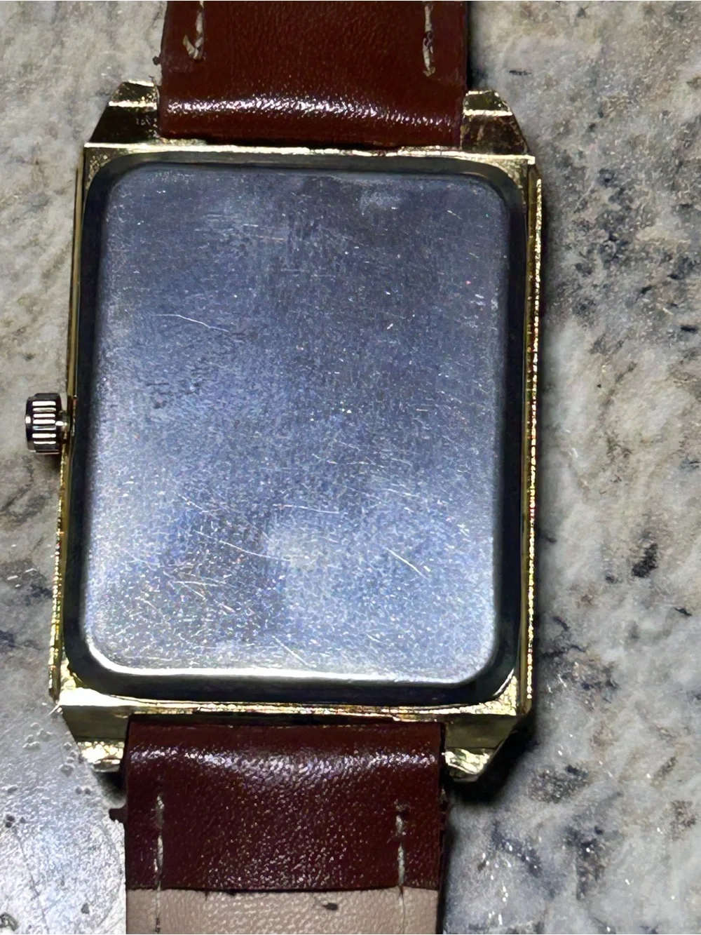 Geneva 37mm Gold Tone Tank Quartz Watch Brown Strap Read